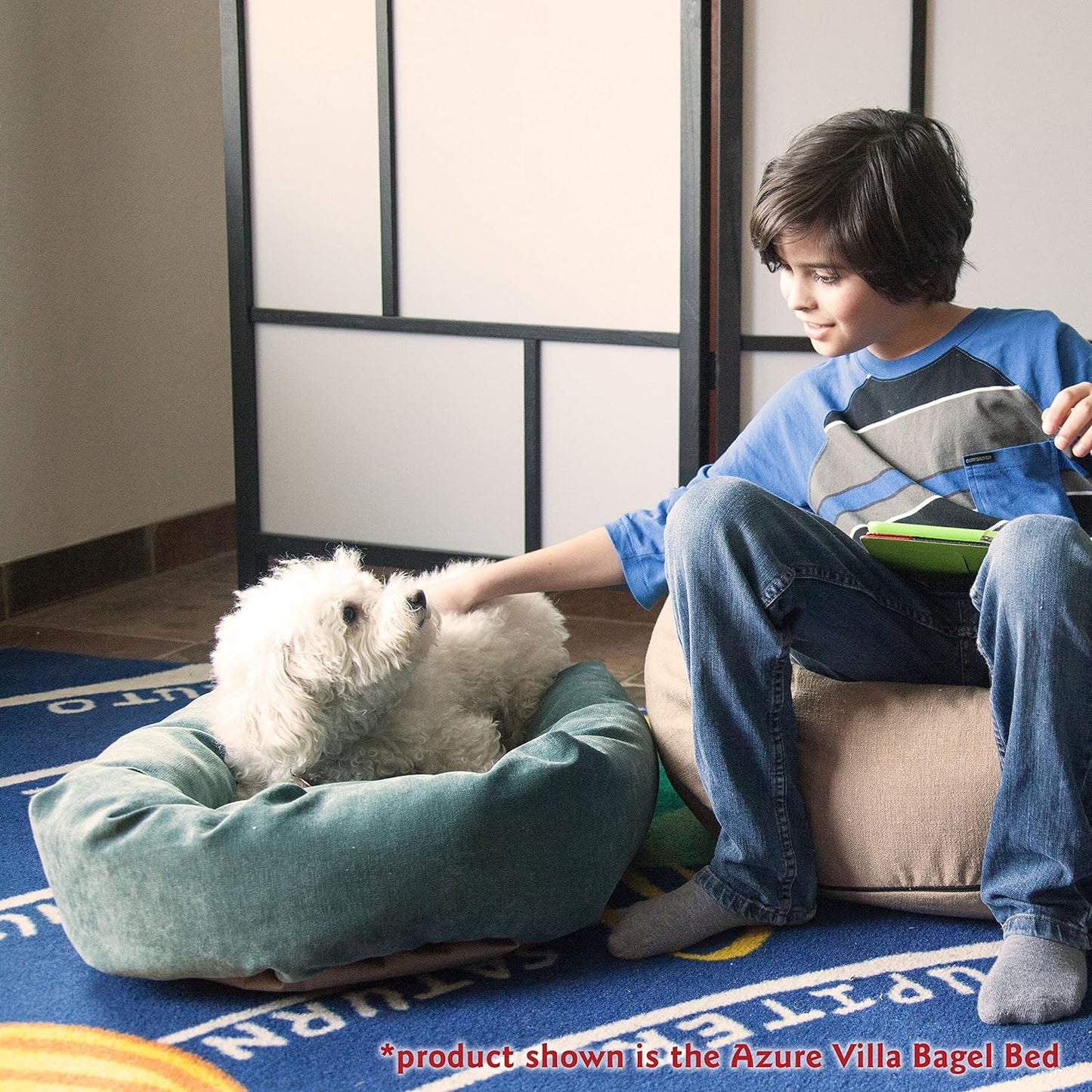 52 Inch Micro Velvet Calming Dog Bed Washable – Cozy Soft round Dog Bed with Spine for Head Support - Fluffy Donut Dog Bed 52X35X11 (Inch) – round Pet Bed X- Large – Azure