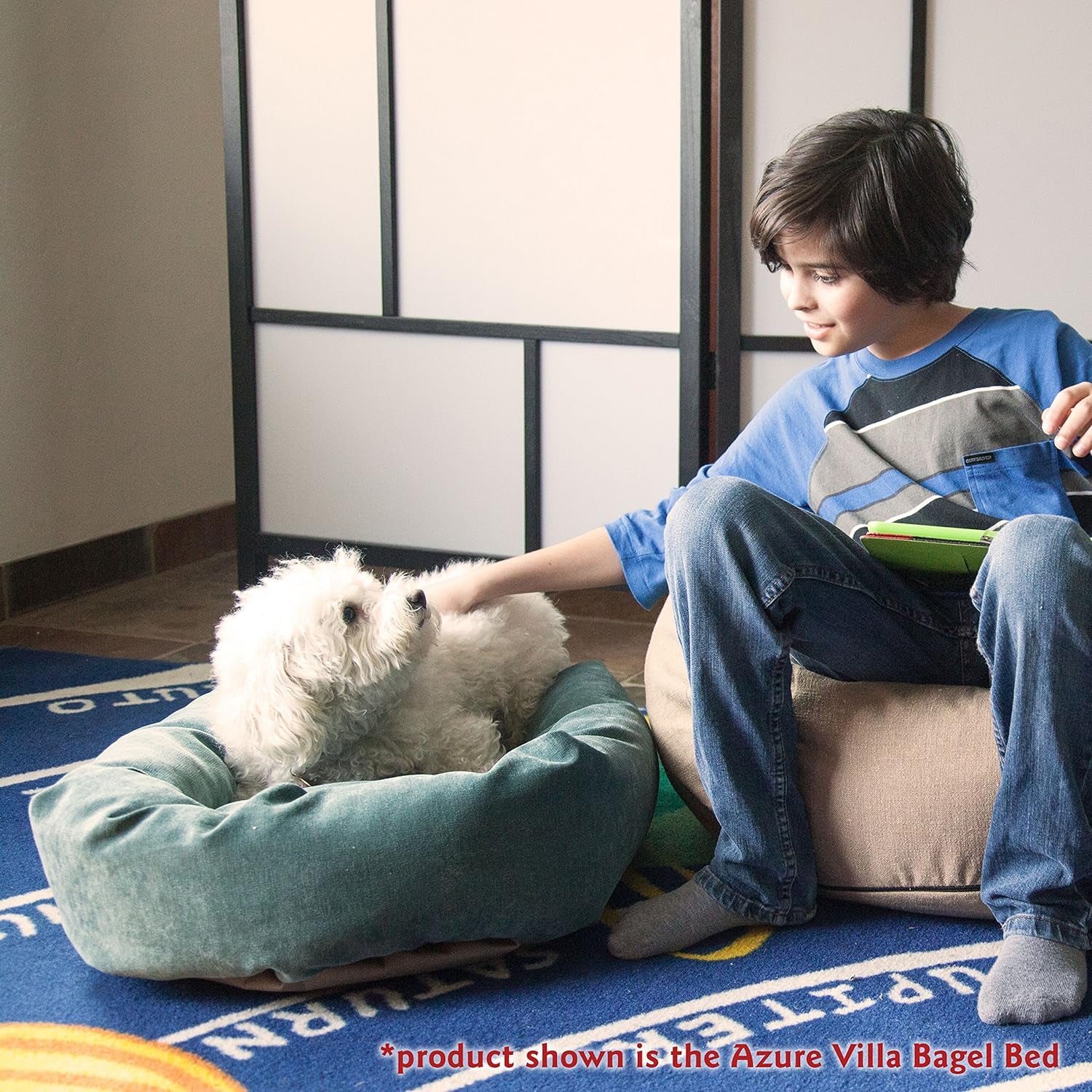 52 Inch Micro Velvet Calming Dog Bed Washable – Cozy Soft round Dog Bed with Spine for Head Support - Fluffy Donut Dog Bed 52X35X11 (Inch) – round Pet Bed X- Large – Azure