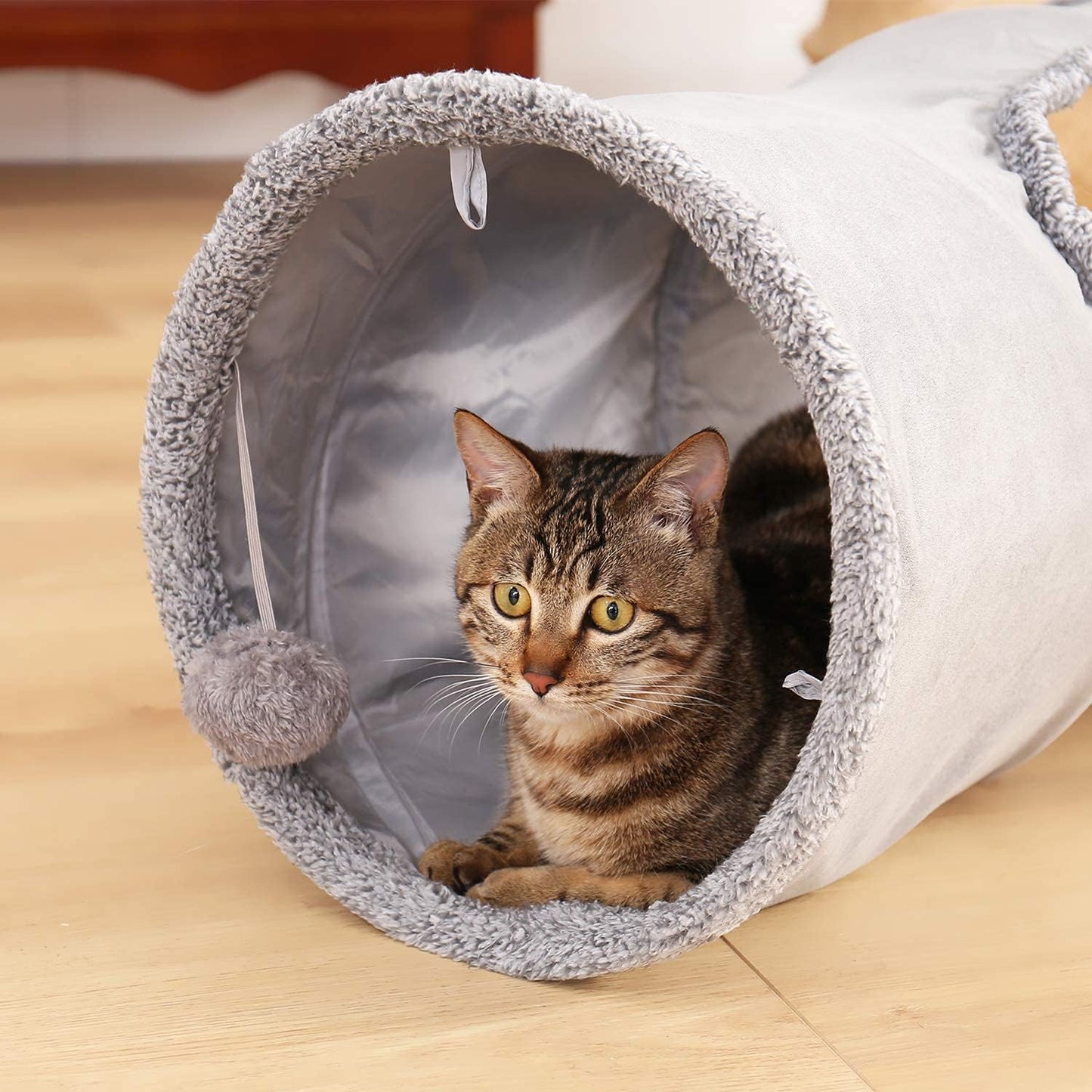 Collapsible Cat Tunnel, Cat Toys Play Tunnel Durable Suede Hideaway Pet Crinkle Tunnel with Ball,12 Inch Diameter S