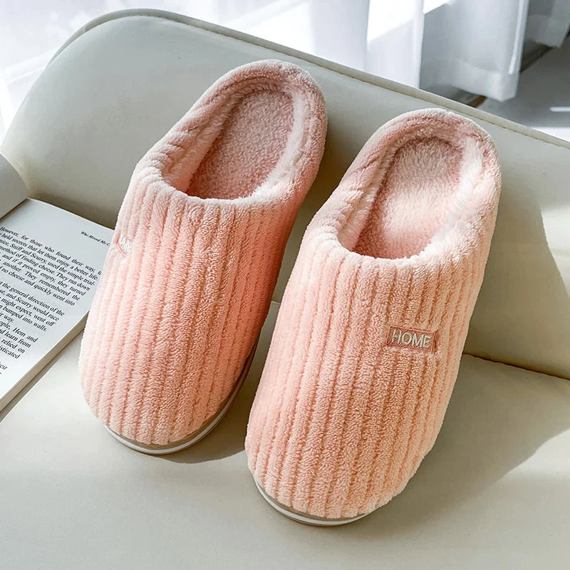 Cozy Solid Color Cotton Slippers - Non-Slip Plush House Shoes for Couples and Women
