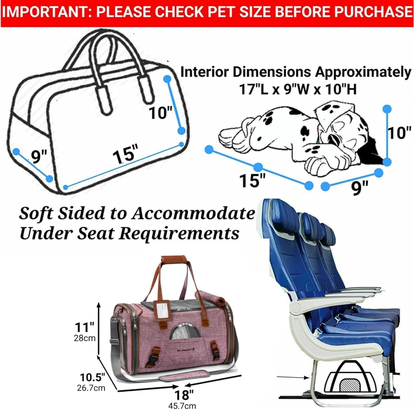Airline Approved Soft Sided Pet Carrier, Low Profile Gold Series Tote, Premium Brand Self Locking Zippers, under Seat Compatibility, Plush Faux Fleece Bedding with a Sturdy Plywood Base