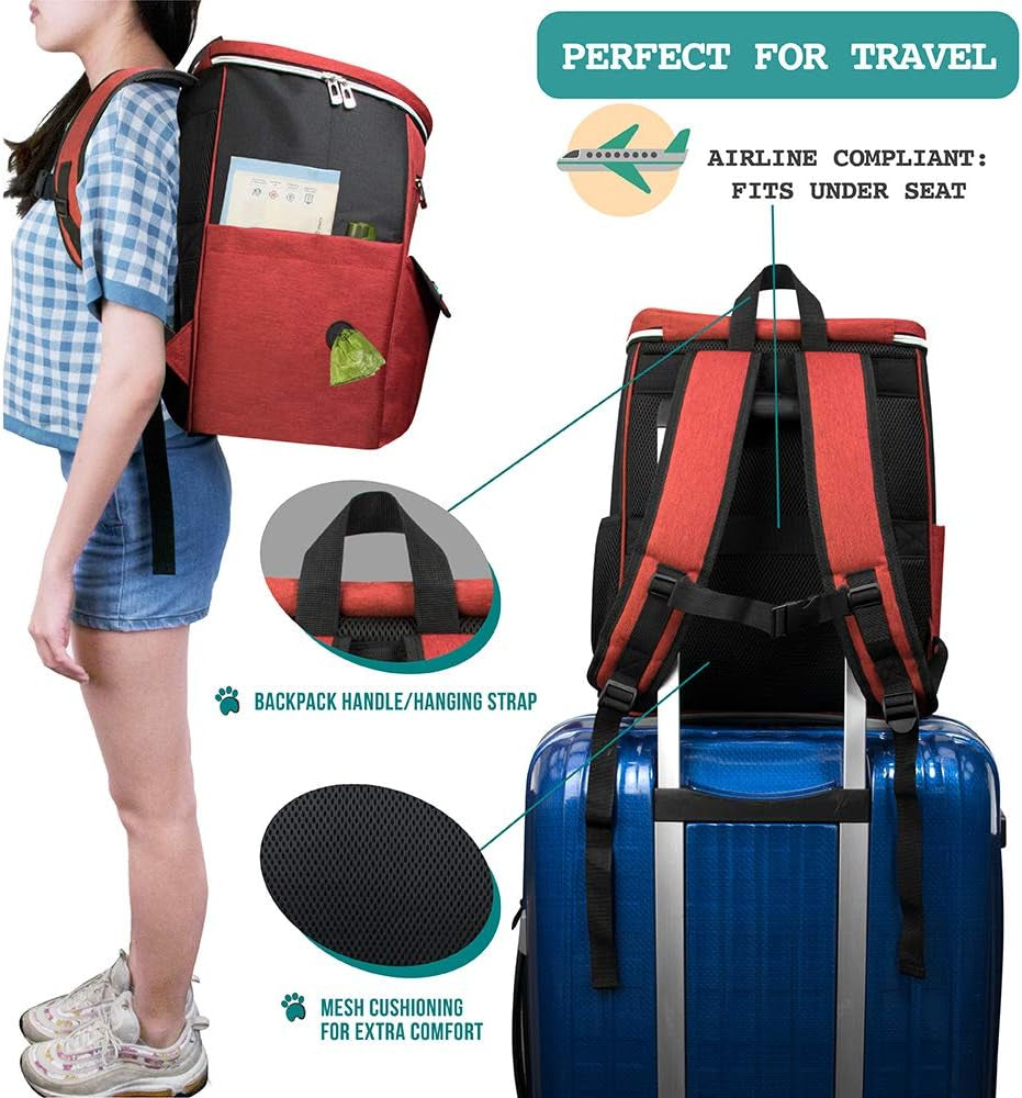 Dog Travel Bag Backpack, Airline Approved Dog Bags for Traveling, Puppy Diaper Bag Supplies, Pet Camping Essentials Hiking Accessories Dog Mom Gift, Food Container, Collapsible Bowls, Red