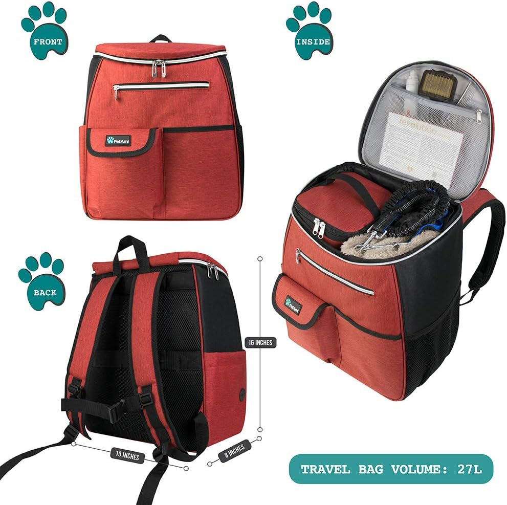 Dog Travel Bag Backpack, Airline Approved Dog Bags for Traveling, Puppy Diaper Bag Supplies, Pet Camping Essentials Hiking Accessories Dog Mom Gift, Food Container, Collapsible Bowls, Red