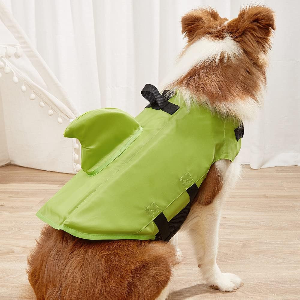 Dog Life Jacket- Preserver with Adjustable Belt, Pet Swimming Shark Jacket for Short Nose Dog (Pug,Bulldog,Poodle,Bull Terrier,Labrador) (Green, Medium)