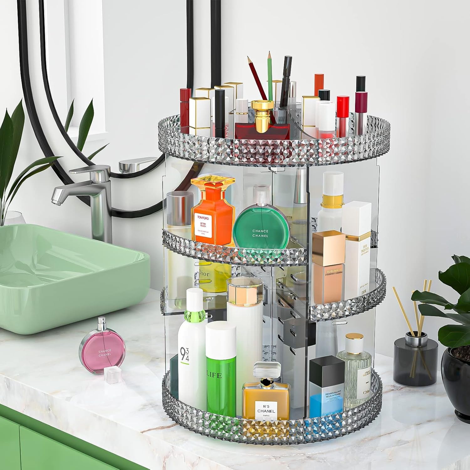 Rotating Makeup Organizer Countertop, Acrylic Makeup Storage Organizer Round, Large Cosmetic Organizer 7 Layers Large Capacity, Fits Makeup Brushes, Lipsticks, Bathroom, Vanity, X-Large Gray