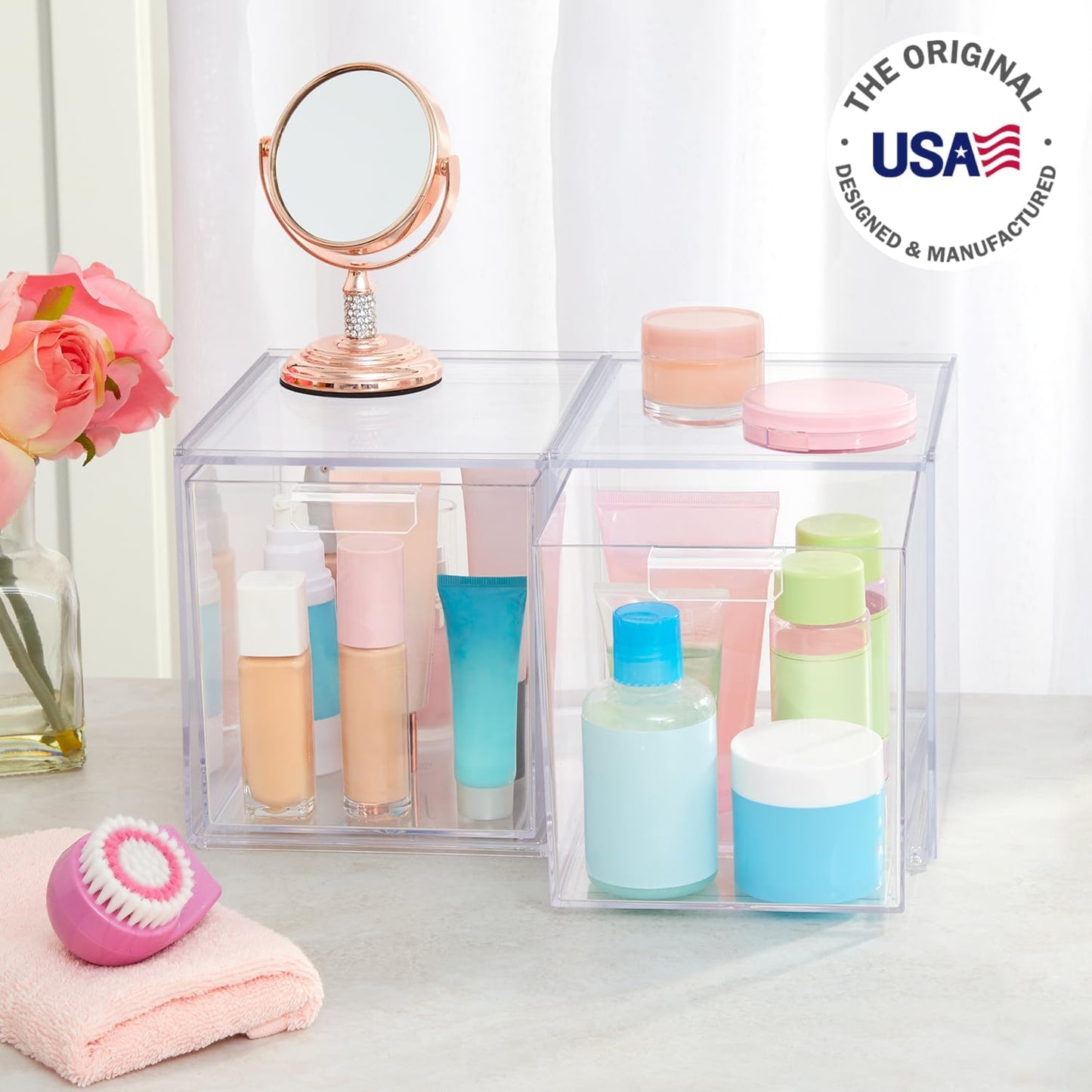 Audrey Stackable Bin Clear Plastic Organizer Drawers | 2 Piece Set | Organize Cosmetics and Beauty Supplies on a Vanity | Made in USA