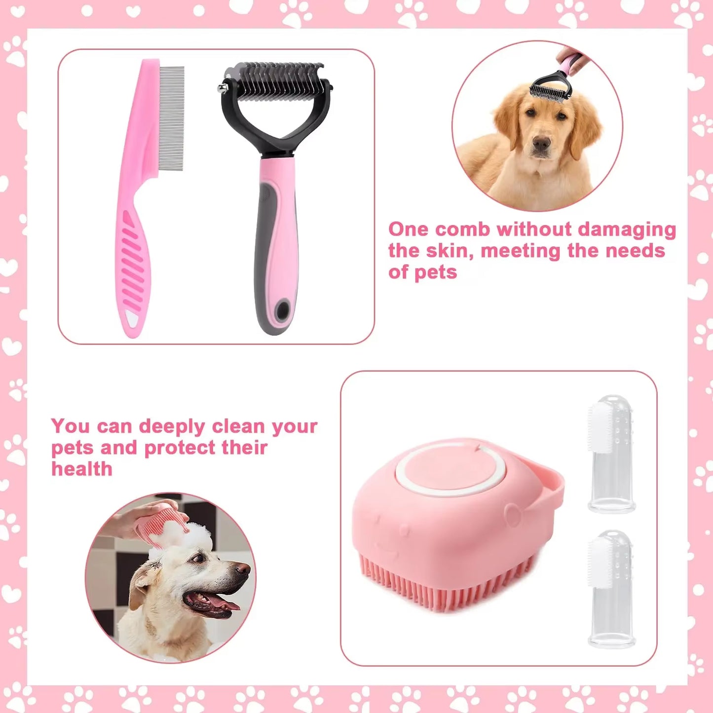 8-Piece Dog Brush Grooming Set, Pet Self-Cleaning Set, with Pet Nail Clippers and Files, Flea Comb, Pet Shampoo Bath Brush, Pet