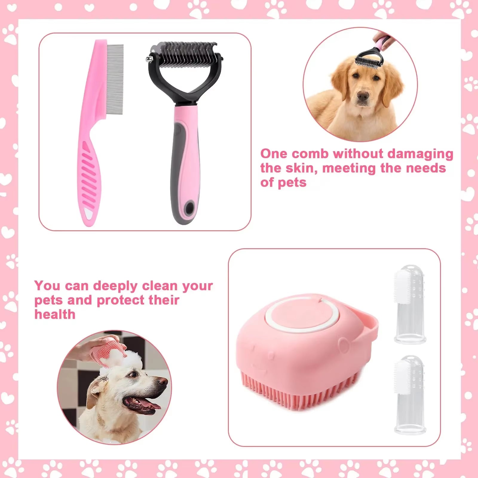 8-Piece Dog Brush Grooming Set, Pet Self-Cleaning Set, with Pet Nail Clippers and Files, Flea Comb, Pet Shampoo Bath Brush, Pet