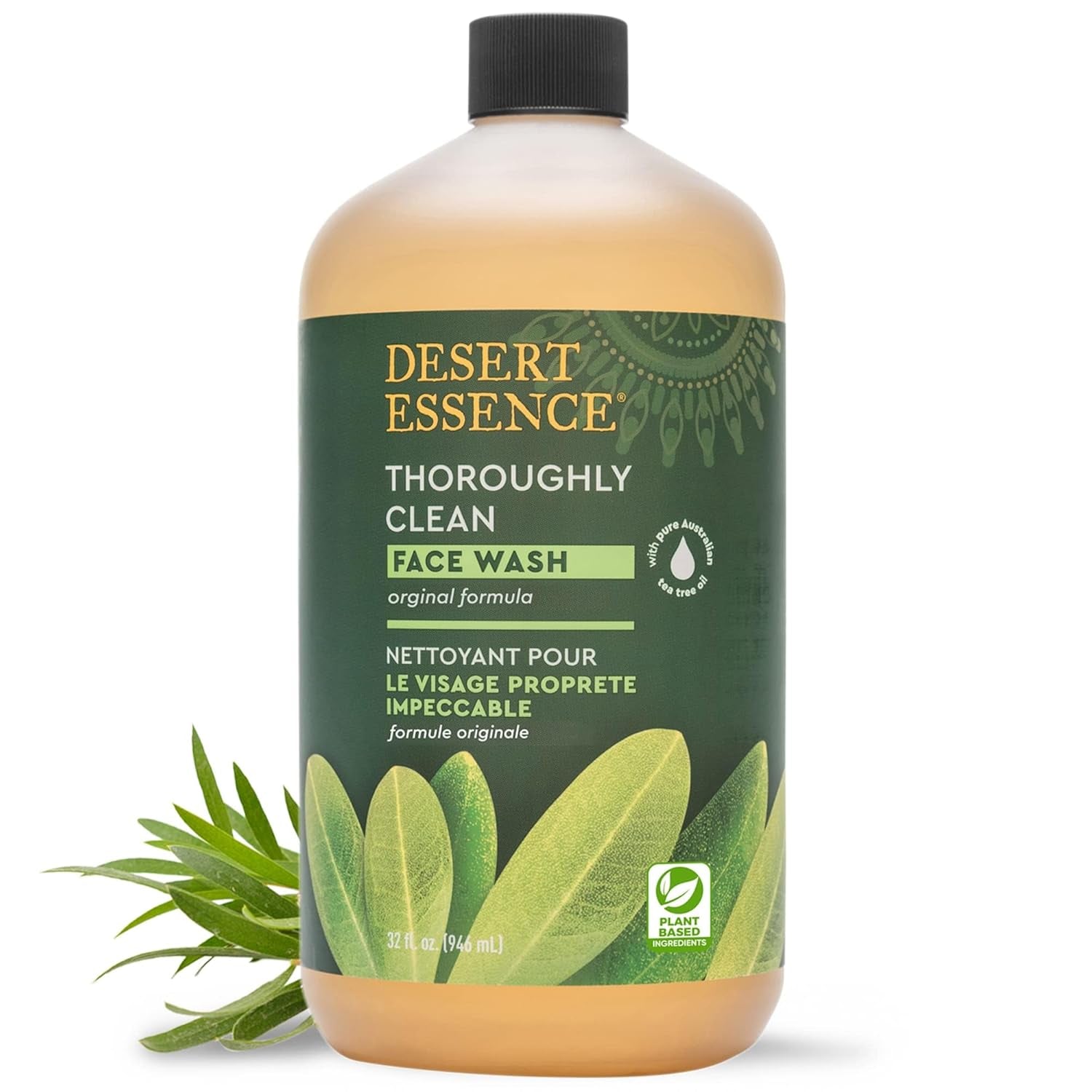 Thoroughly Clean Face Wash with Tea Tree Oil, Castile Soap and Coconut Oil - Organic Facial Cleanser for Sensitive and Oily Skin, Vegan & Cruelty-Free, 32 Fl Oz