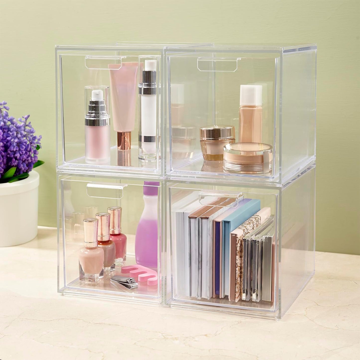 Audrey Stackable Bin Clear Plastic Organizer Drawers | 2 Piece Set | Organize Cosmetics and Beauty Supplies on a Vanity | Made in USA