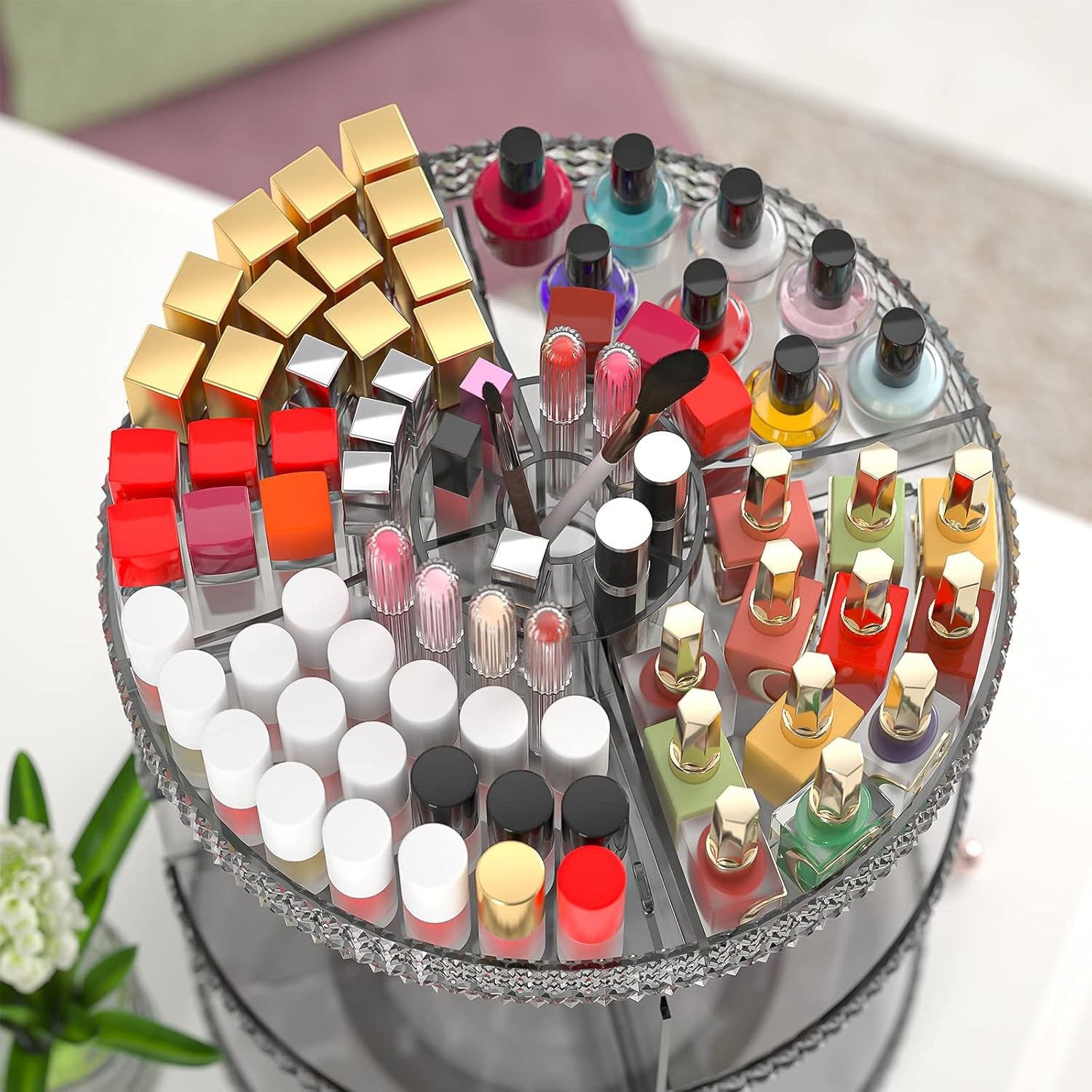 Rotating Makeup Organizer Countertop, Acrylic Makeup Storage Organizer Round, Large Cosmetic Organizer 7 Layers Large Capacity, Fits Makeup Brushes, Lipsticks, Bathroom, Vanity, X-Large Gray