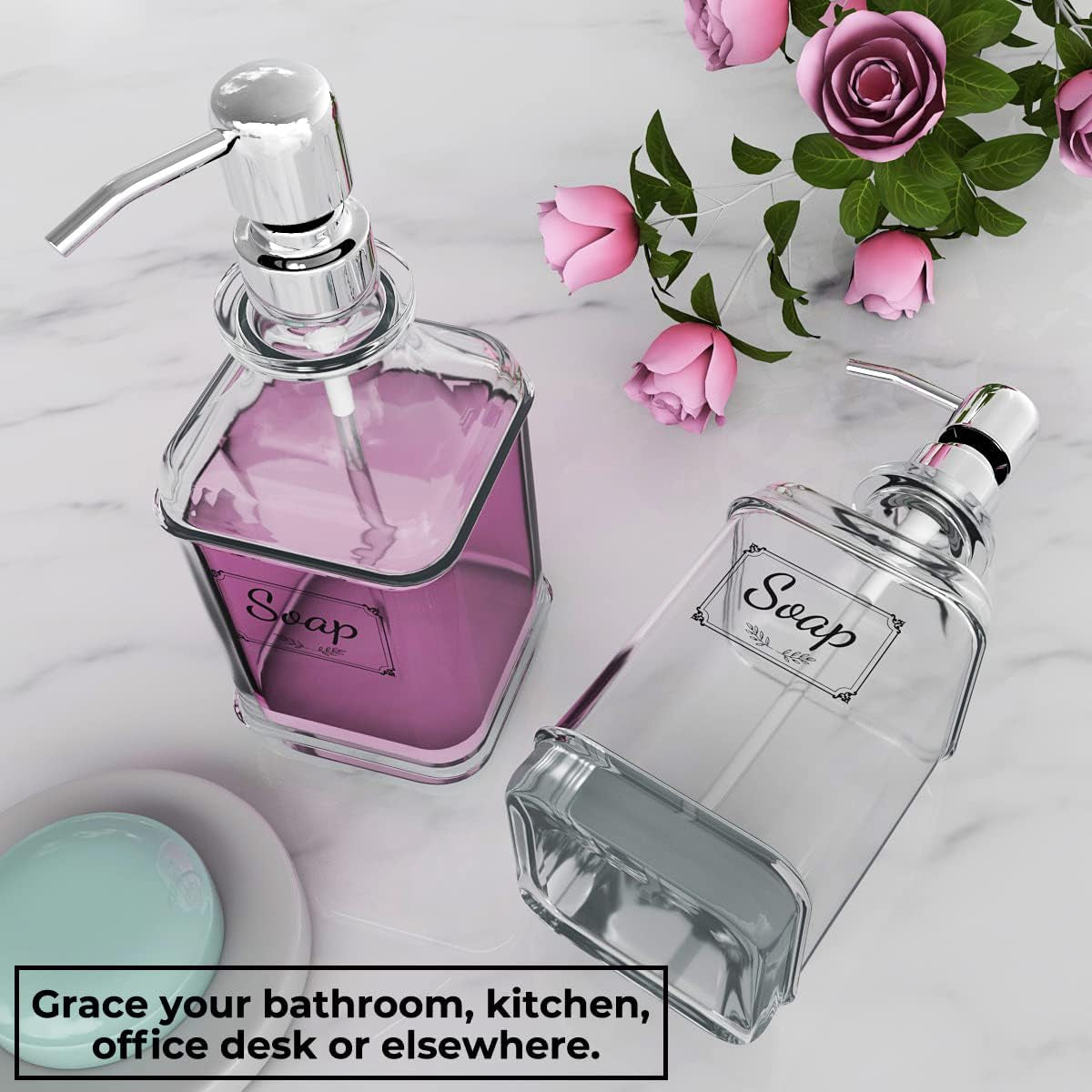 Soap Dispenser - 2 Pack, 18 Oz Antique Design Thick Glass Hand Soap Dispensers; with 304 Rust Proof Stainless Steel Pump, 6Pcs Clear Stickers, for Kitchen, Bathroom - Silver