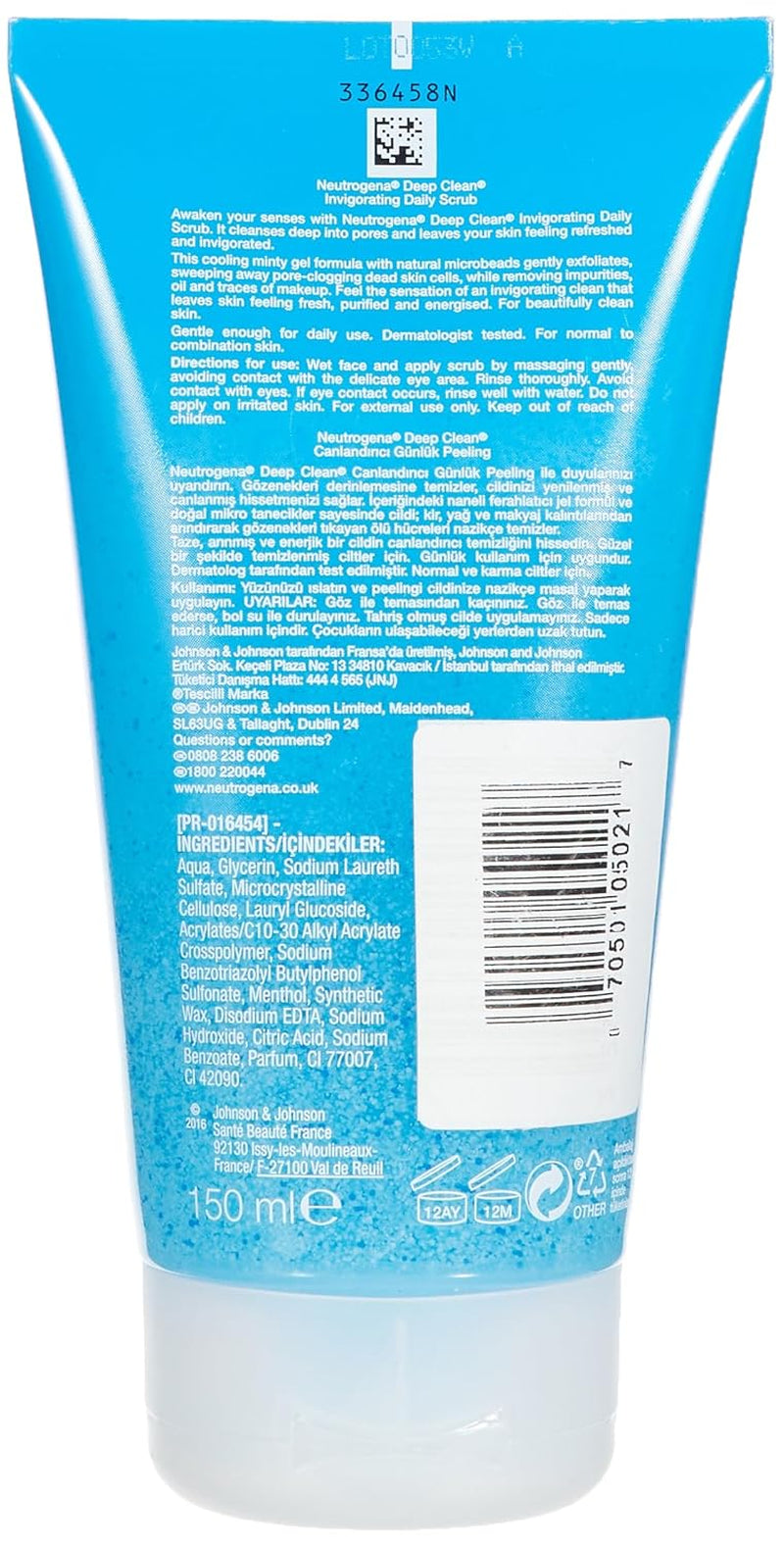 Deep Clean Invigorating Foaming Facial Scrub with Glycerin, Cooling & Exfoliating Gel Face Wash to Remove Dirt, Oil & Makeup, 4.2 Fl. Oz