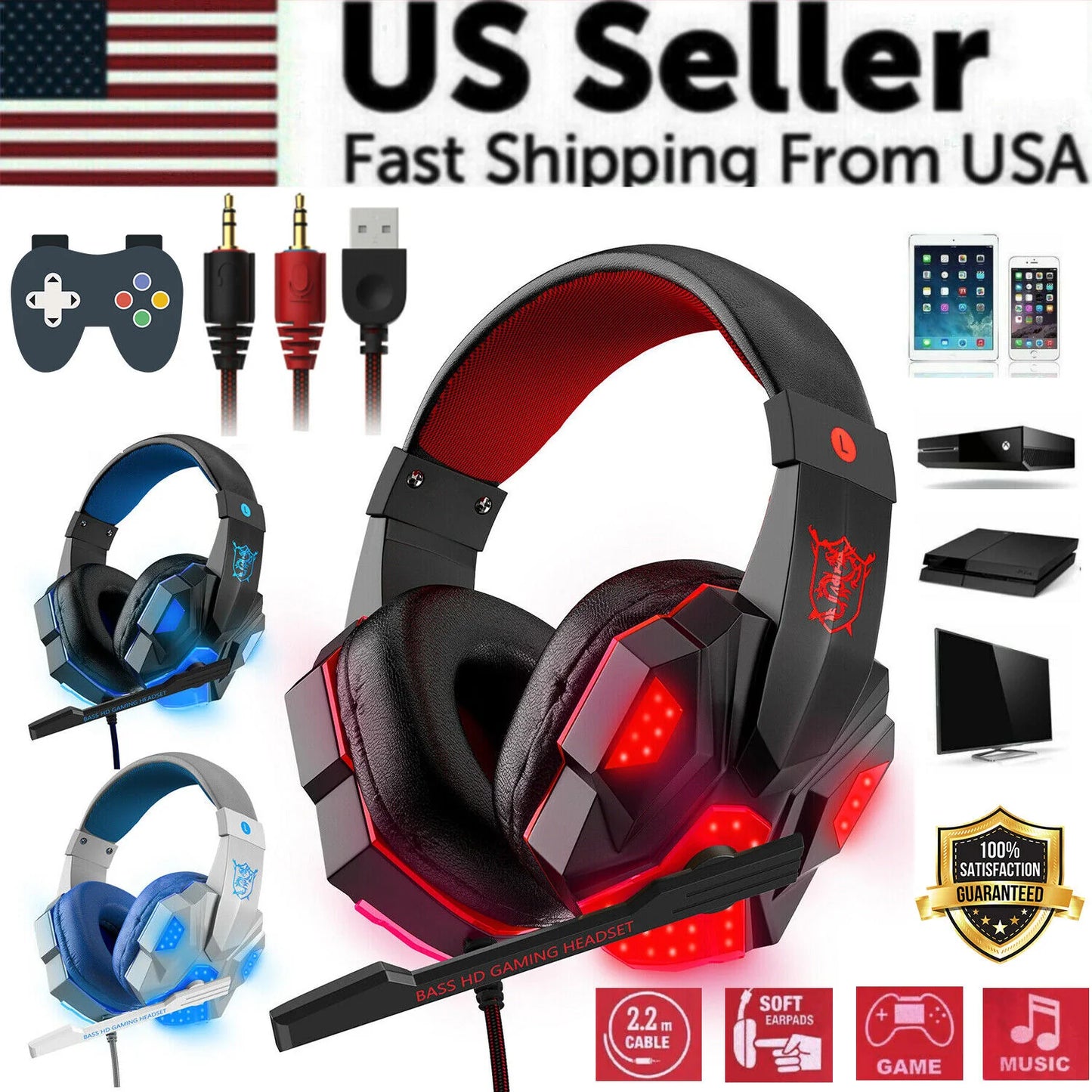 Immersive 3.5mm Gaming Headset with LED, Stereo Bass, and Surround Sound for PC, PS4, and Xbox One