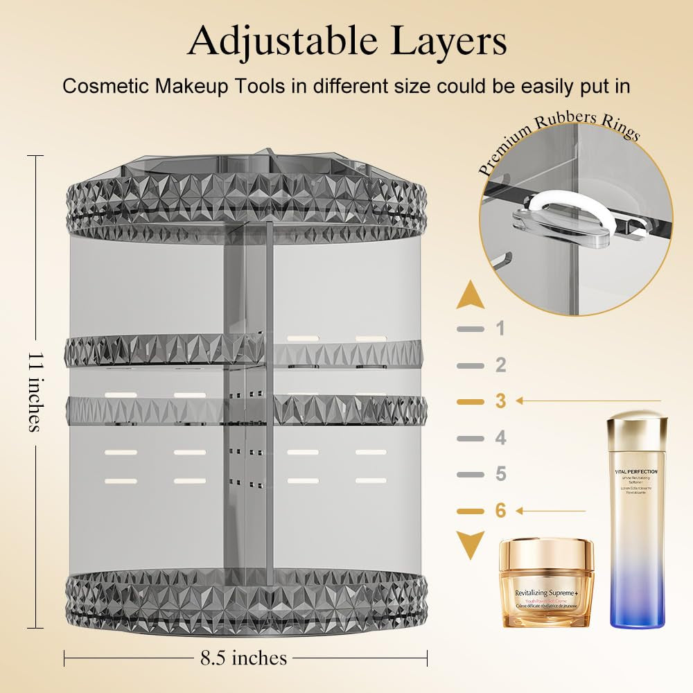 360 Rotating Makeup Organizer, DIY Adjustable Makeup Carousel Spinning Holder Storage Rack, Large Capacity Vanity Organizer Skincare Organizers, Organizador De Perfumes (Gray)