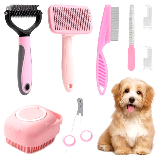 8-Piece Dog Brush Grooming Set, Pet Self-Cleaning Set, with Pet Nail Clippers and Files, Flea Comb, Pet Shampoo Bath Brush, Pet