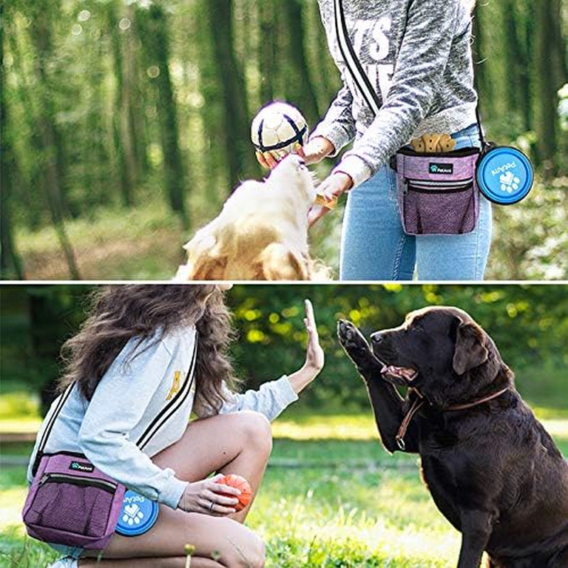 Dog Treat Pouch, Pet Treat Pouch for Training, Dog Walking Bag Holder for Kibbles, Pet Food Toy, Dog Trainer Essentials Supplies, Poop Bag Dispenser, 3 Ways to Wear (Purple)