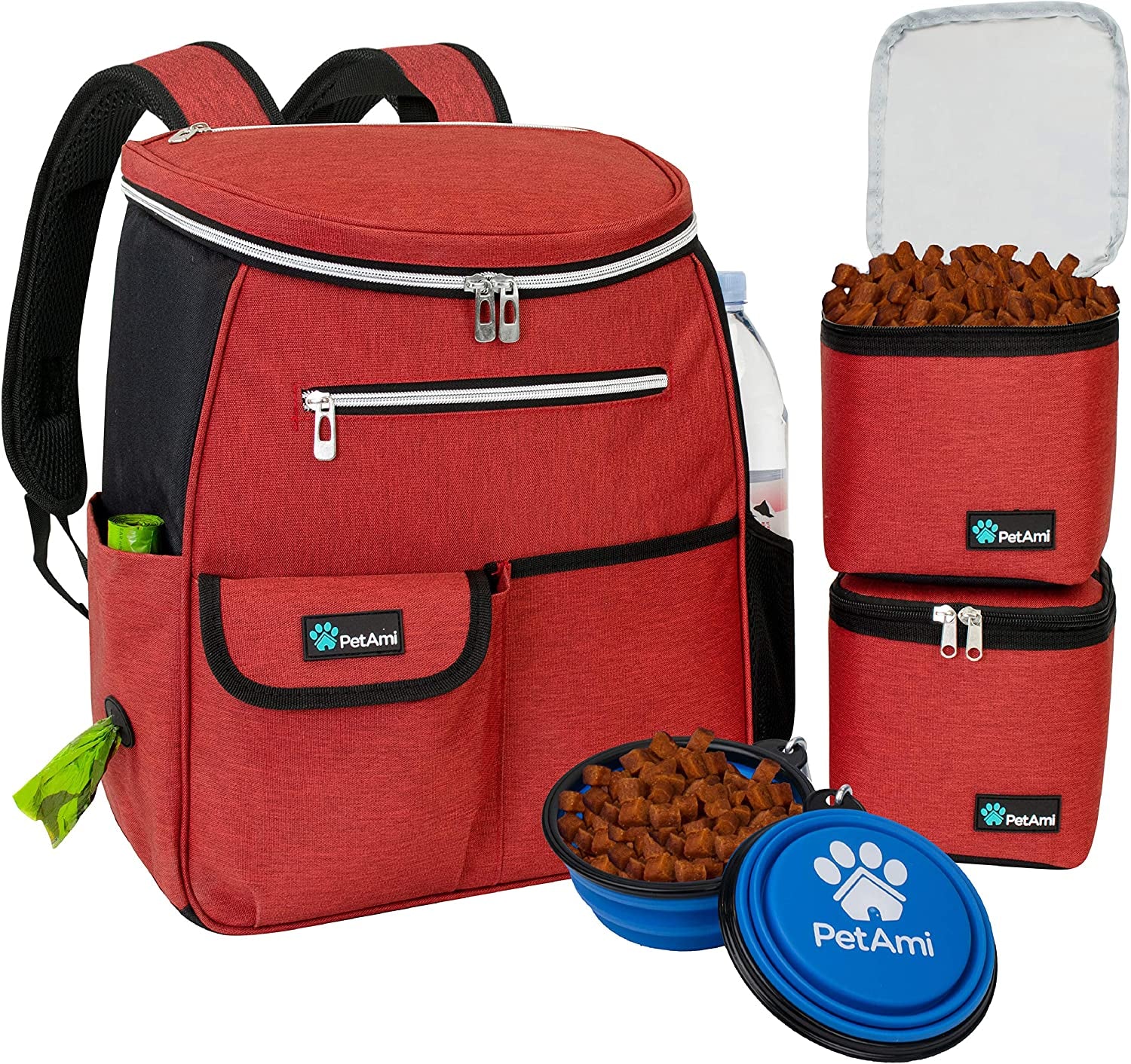 Dog Travel Bag Backpack, Airline Approved Dog Bags for Traveling, Puppy Diaper Bag Supplies, Pet Camping Essentials Hiking Accessories Dog Mom Gift, Food Container, Collapsible Bowls, Red