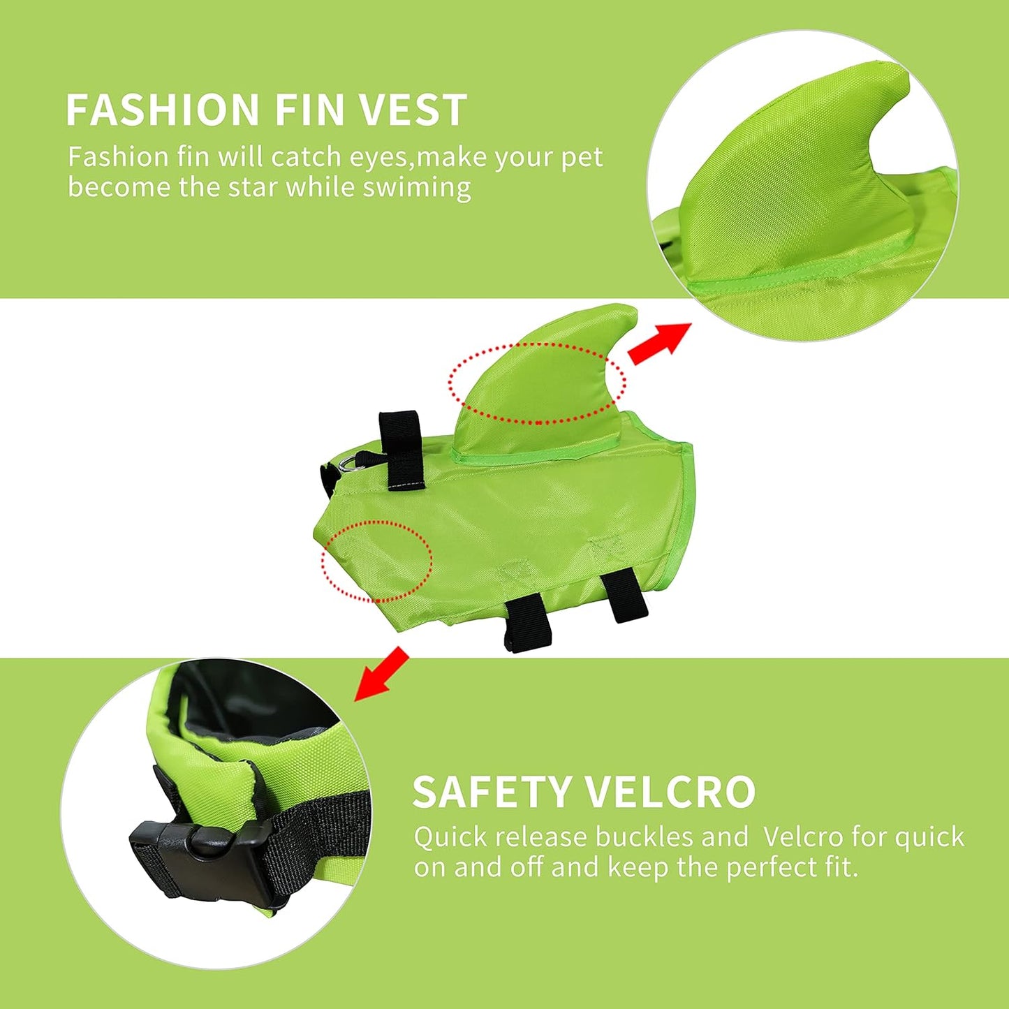 Dog Life Jacket- Preserver with Adjustable Belt, Pet Swimming Shark Jacket for Short Nose Dog (Pug,Bulldog,Poodle,Bull Terrier,Labrador) (Green, Medium)