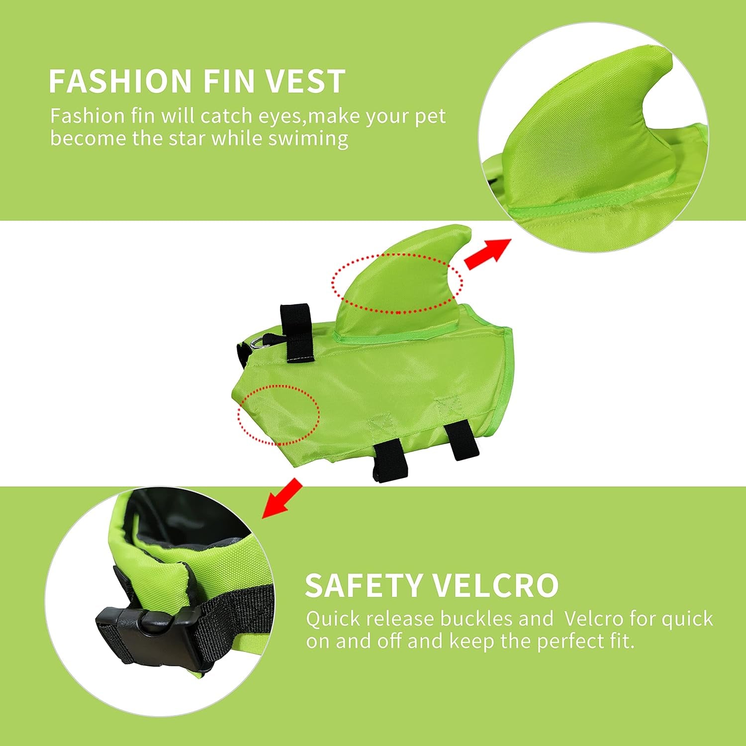 Dog Life Jacket- Preserver with Adjustable Belt, Pet Swimming Shark Jacket for Short Nose Dog (Pug,Bulldog,Poodle,Bull Terrier,Labrador) (Green, Medium)