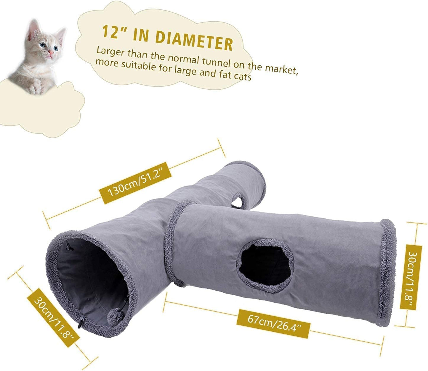 Collapsible Cat Tunnel, Cat Toys Play Tunnel Durable Suede Hideaway Pet Crinkle Tunnel with Ball,12 Inch Diameter S