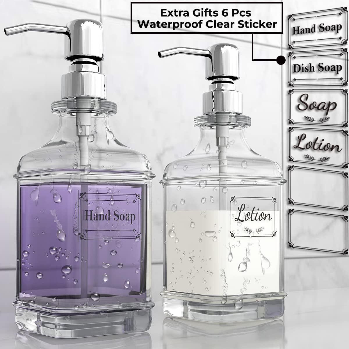 Soap Dispenser - 2 Pack, 18 Oz Antique Design Thick Glass Hand Soap Dispensers; with 304 Rust Proof Stainless Steel Pump, 6Pcs Clear Stickers, for Kitchen, Bathroom - Silver