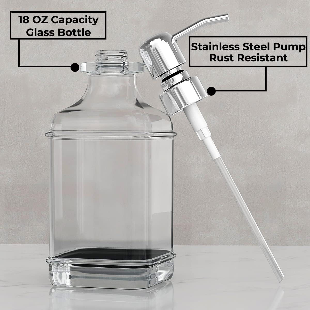 Soap Dispenser - 2 Pack, 18 Oz Antique Design Thick Glass Hand Soap Dispensers; with 304 Rust Proof Stainless Steel Pump, 6Pcs Clear Stickers, for Kitchen, Bathroom - Silver