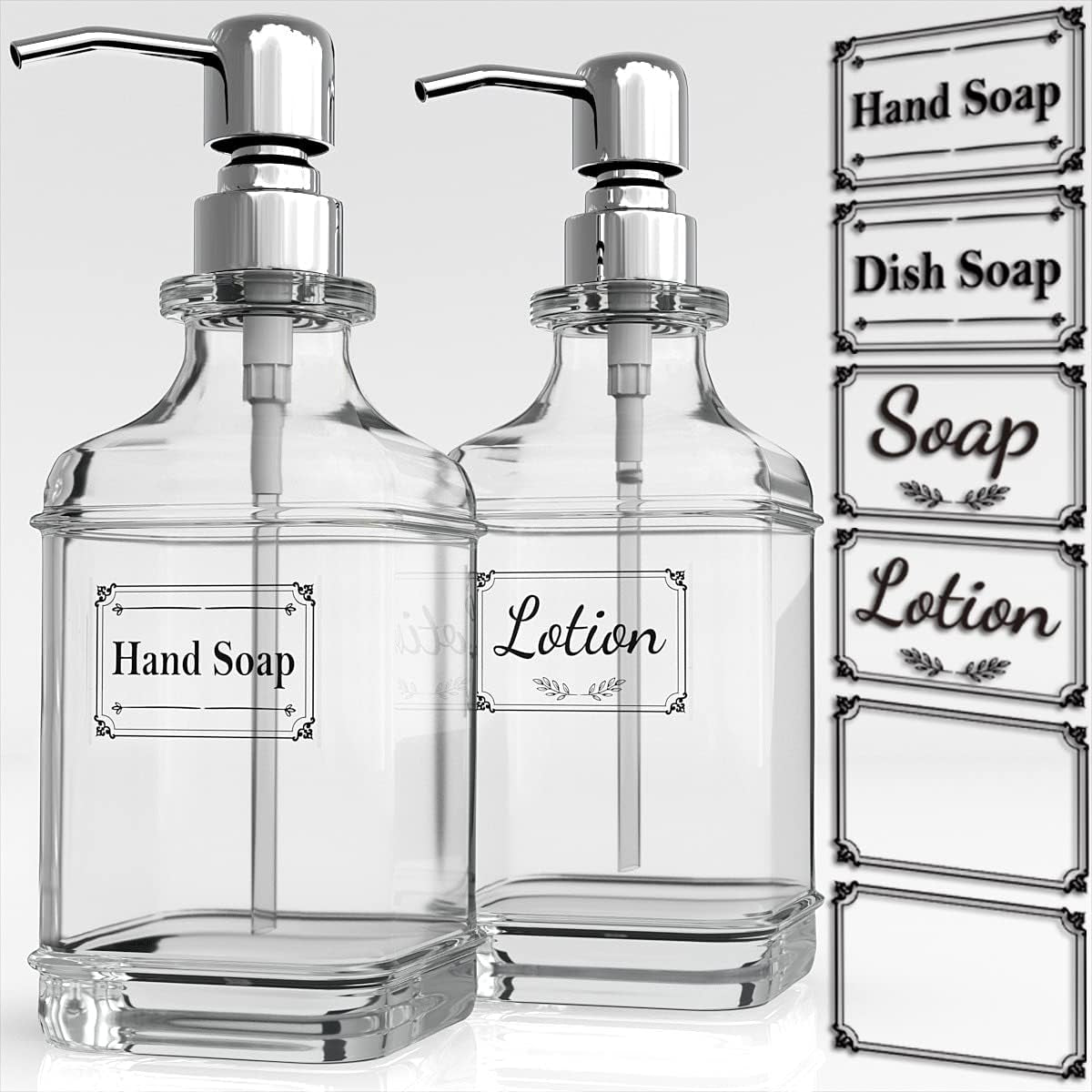 Soap Dispenser - 2 Pack, 18 Oz Antique Design Thick Glass Hand Soap Dispensers; with 304 Rust Proof Stainless Steel Pump, 6Pcs Clear Stickers, for Kitchen, Bathroom - Silver