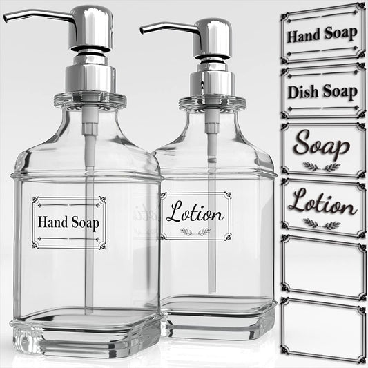 Soap Dispenser - 2 Pack, 18 Oz Antique Design Thick Glass Hand Soap Dispensers; with 304 Rust Proof Stainless Steel Pump, 6Pcs Clear Stickers, for Kitchen, Bathroom - Silver