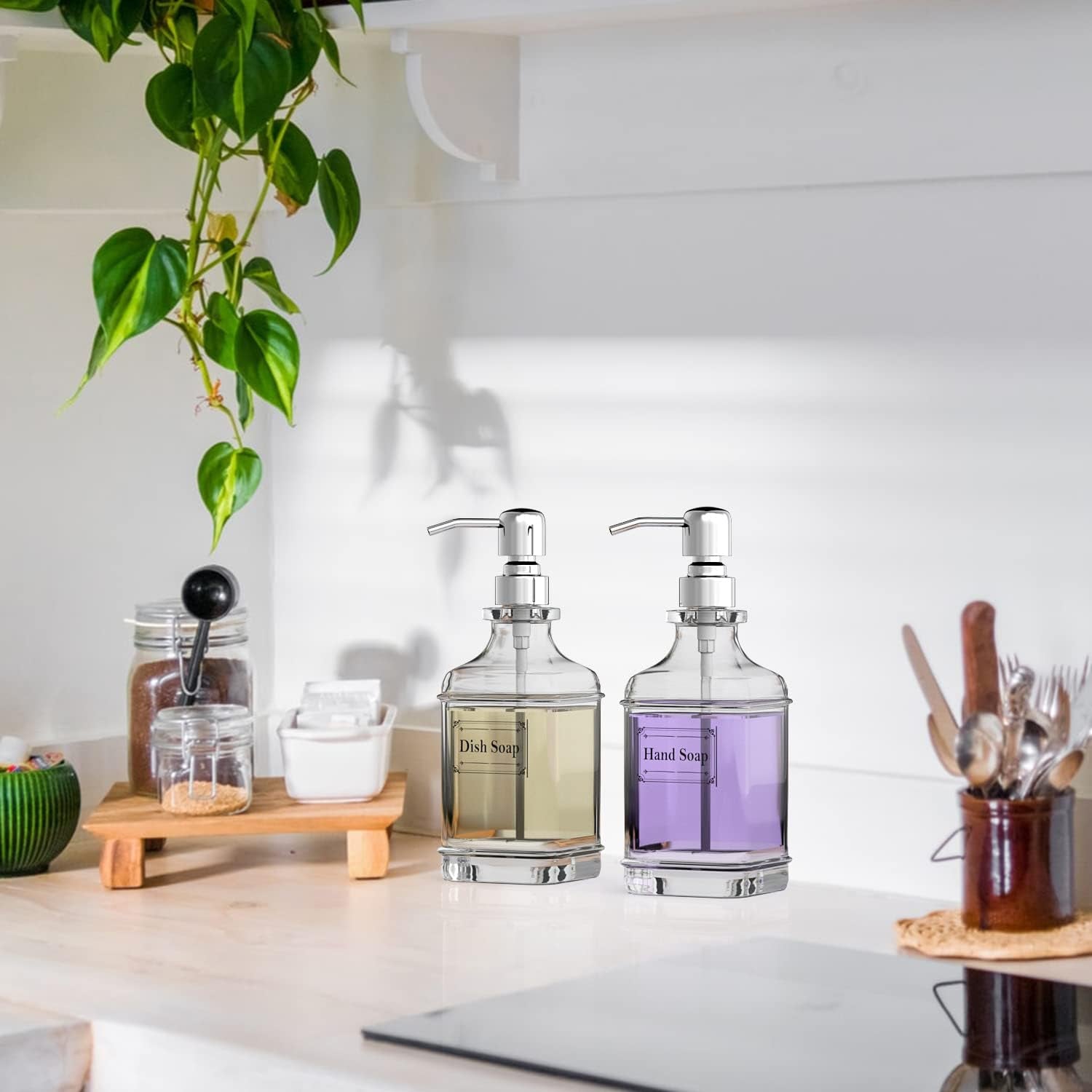 Soap Dispenser - 2 Pack, 18 Oz Antique Design Thick Glass Hand Soap Dispensers; with 304 Rust Proof Stainless Steel Pump, 6Pcs Clear Stickers, for Kitchen, Bathroom - Silver