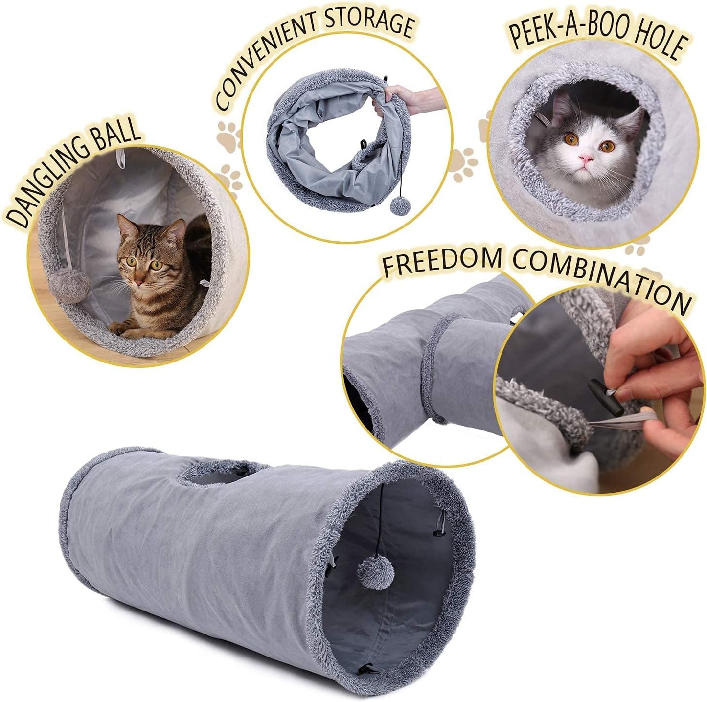 Collapsible Cat Tunnel, Cat Toys Play Tunnel Durable Suede Hideaway Pet Crinkle Tunnel with Ball,12 Inch Diameter S