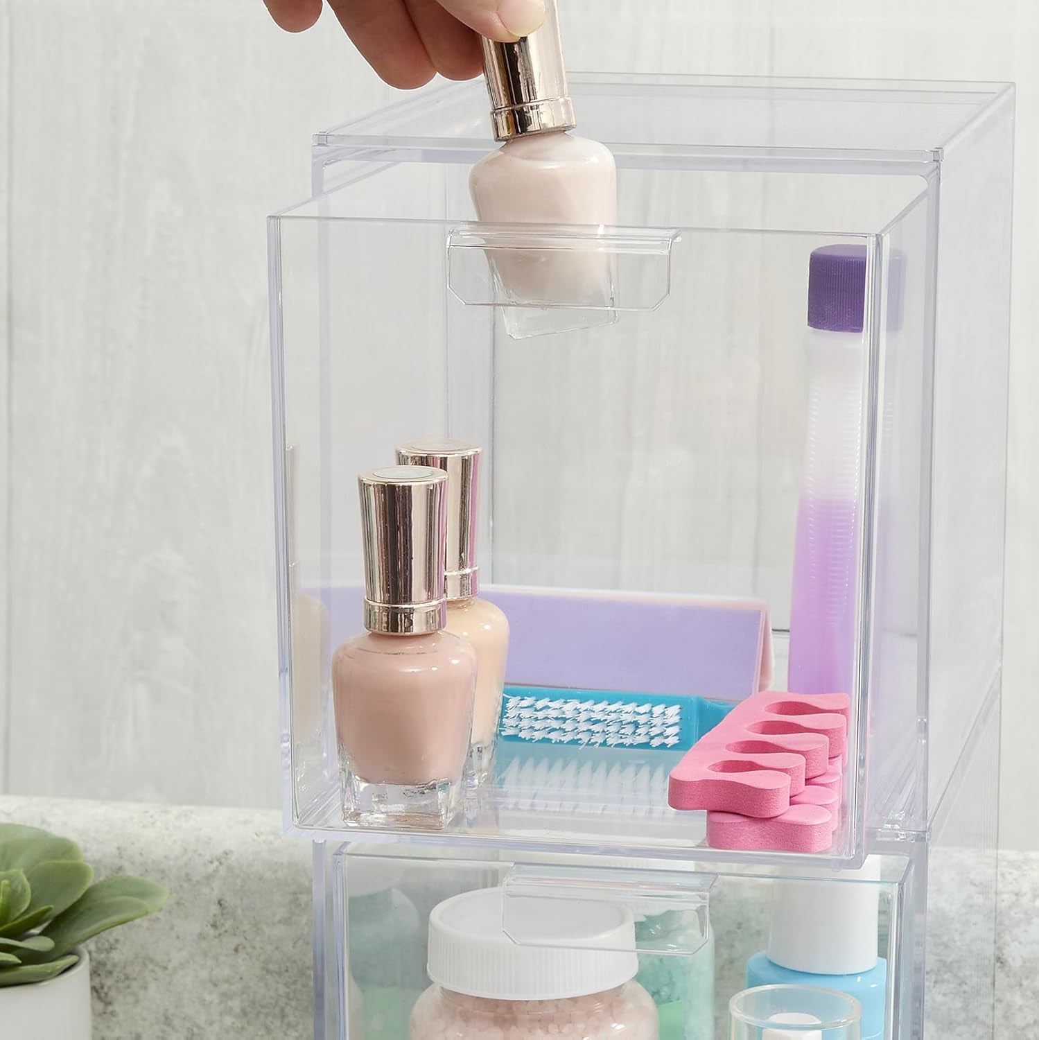 Audrey Stackable Bin Clear Plastic Organizer Drawers | 2 Piece Set | Organize Cosmetics and Beauty Supplies on a Vanity | Made in USA