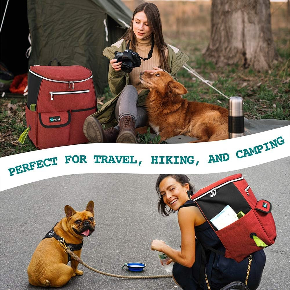 Dog Travel Bag Backpack, Airline Approved Dog Bags for Traveling, Puppy Diaper Bag Supplies, Pet Camping Essentials Hiking Accessories Dog Mom Gift, Food Container, Collapsible Bowls, Red