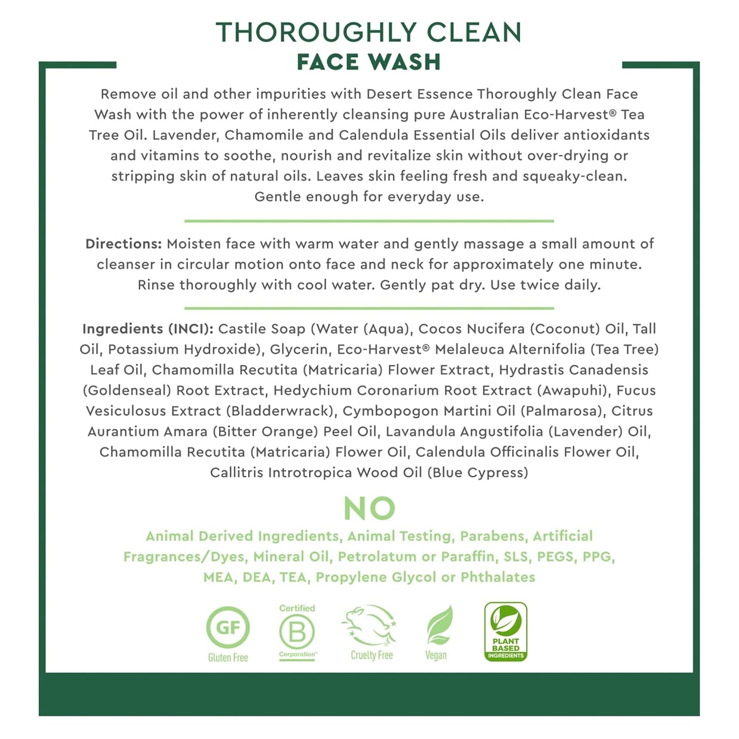 Thoroughly Clean Face Wash with Tea Tree Oil, Castile Soap and Coconut Oil - Organic Facial Cleanser for Sensitive and Oily Skin, Vegan & Cruelty-Free, 32 Fl Oz
