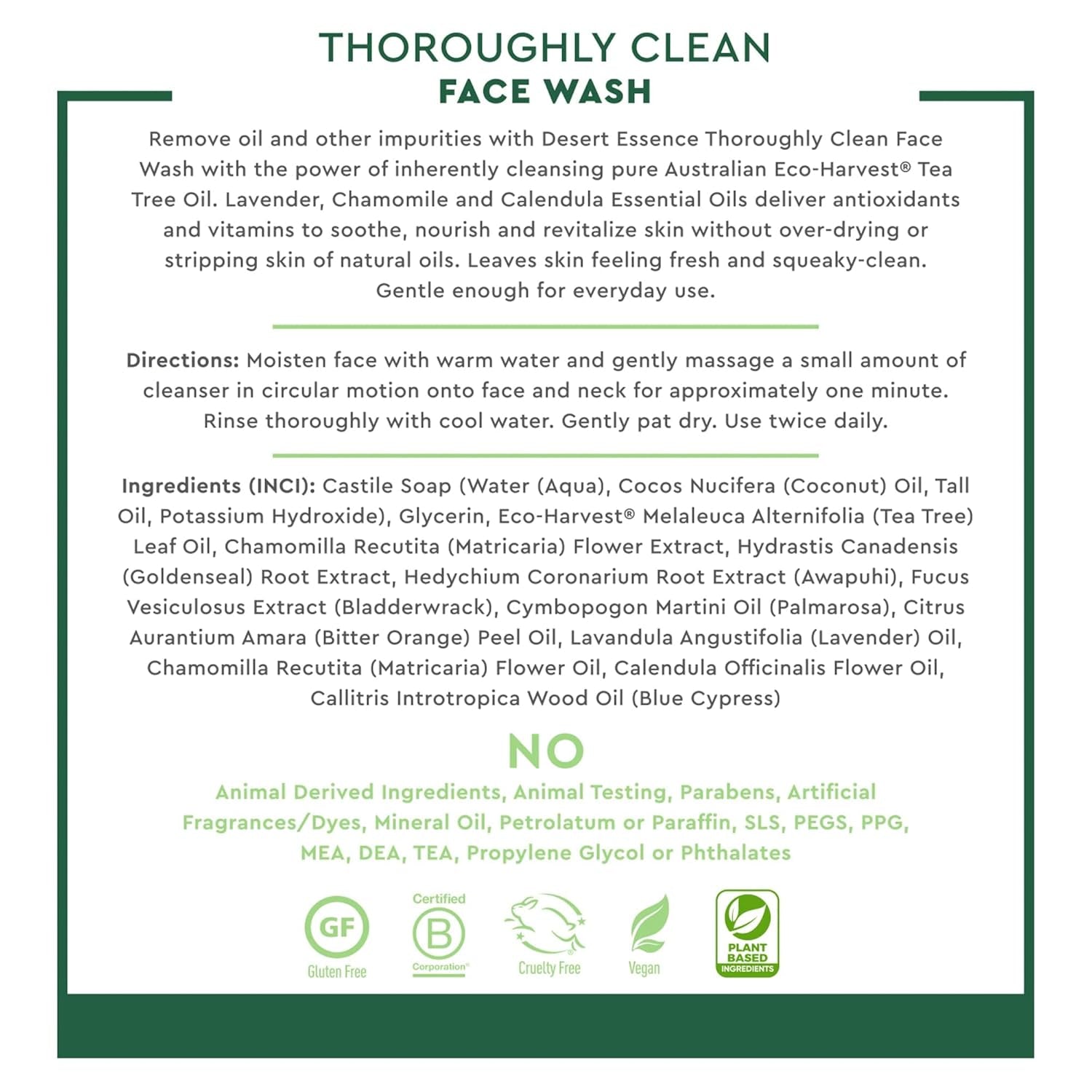 Thoroughly Clean Face Wash with Tea Tree Oil, Castile Soap and Coconut Oil - Organic Facial Cleanser for Sensitive and Oily Skin, Vegan & Cruelty-Free, 32 Fl Oz