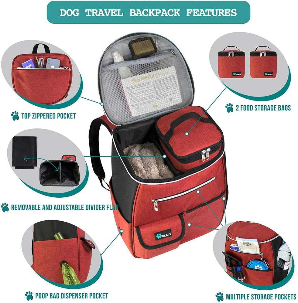 Dog Travel Bag Backpack, Airline Approved Dog Bags for Traveling, Puppy Diaper Bag Supplies, Pet Camping Essentials Hiking Accessories Dog Mom Gift, Food Container, Collapsible Bowls, Red