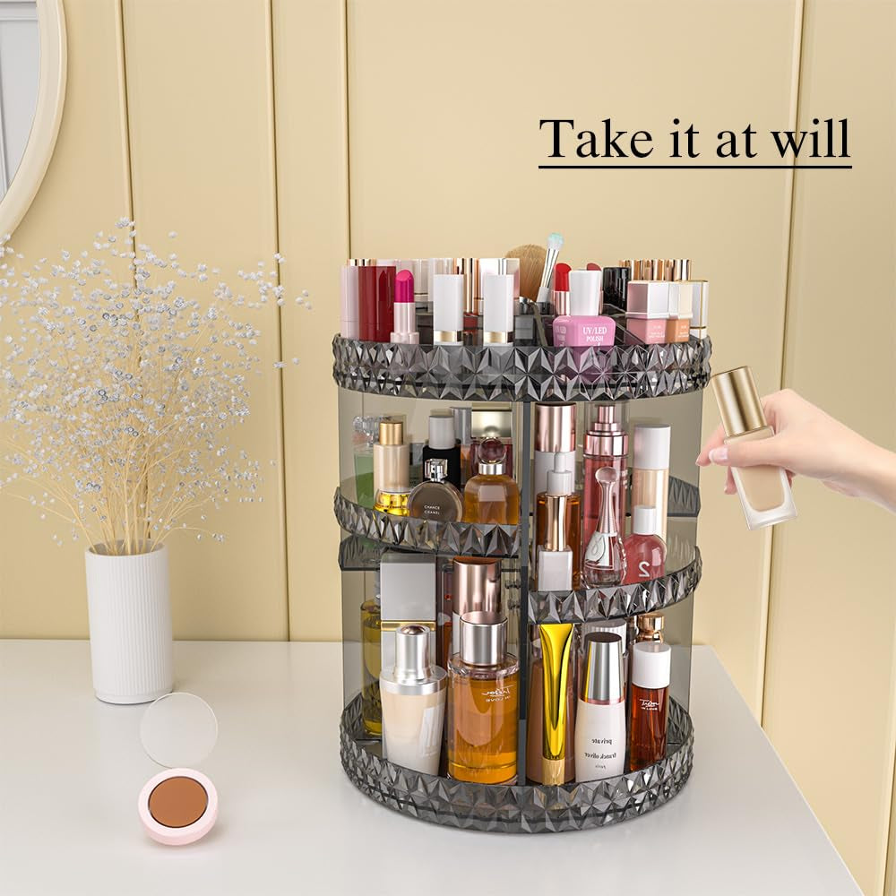 360 Rotating Makeup Organizer, DIY Adjustable Makeup Carousel Spinning Holder Storage Rack, Large Capacity Vanity Organizer Skincare Organizers, Organizador De Perfumes (Gray)