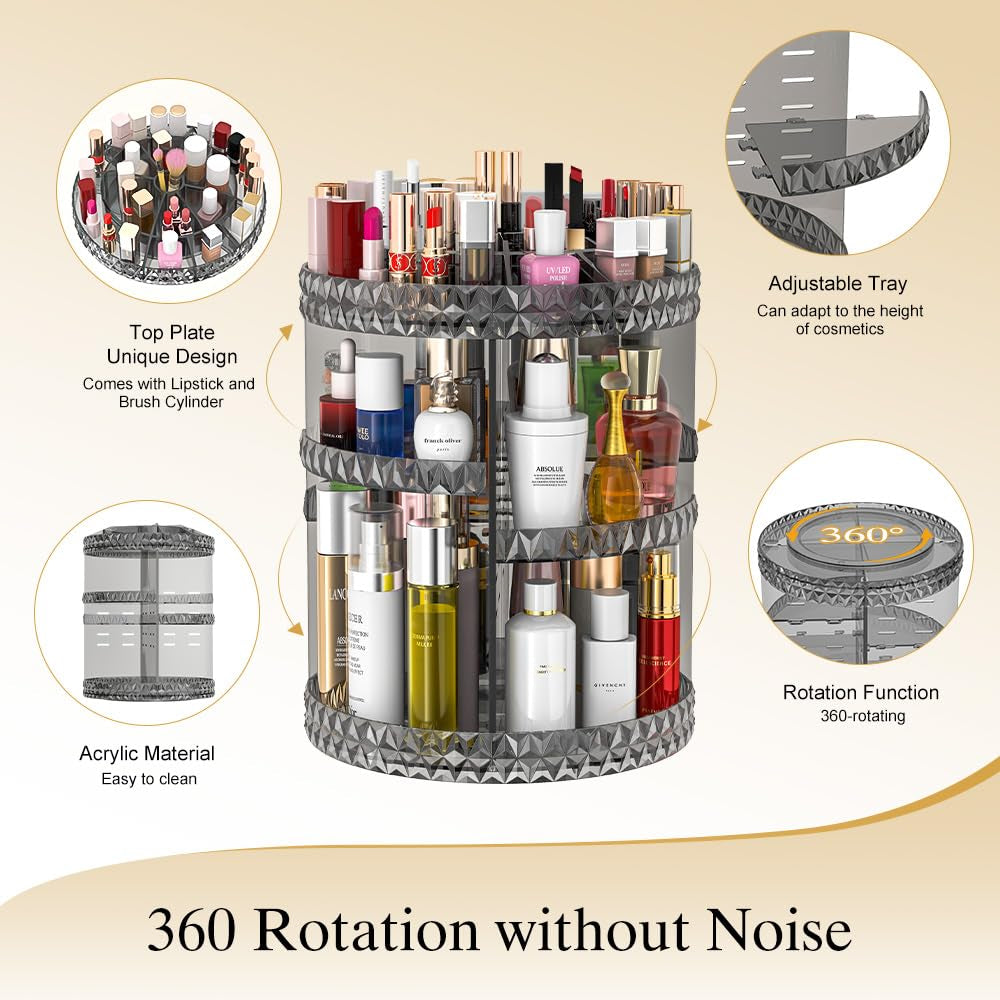 360 Rotating Makeup Organizer, DIY Adjustable Makeup Carousel Spinning Holder Storage Rack, Large Capacity Vanity Organizer Skincare Organizers, Organizador De Perfumes (Gray)