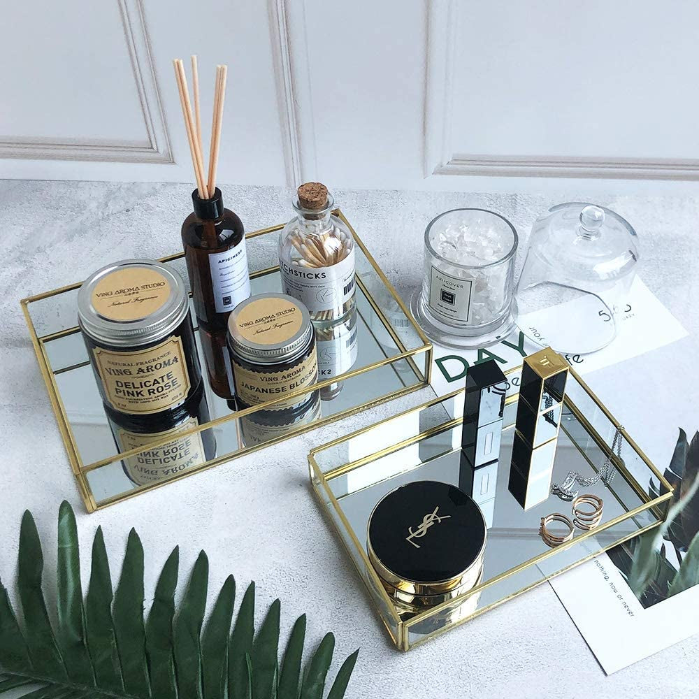 Decorative Tray,Gold Mirror Tray for Jewelry,Jewelry Tray Storage Organizer Makeup Tray for Vanity, Dresser,Pack of 1