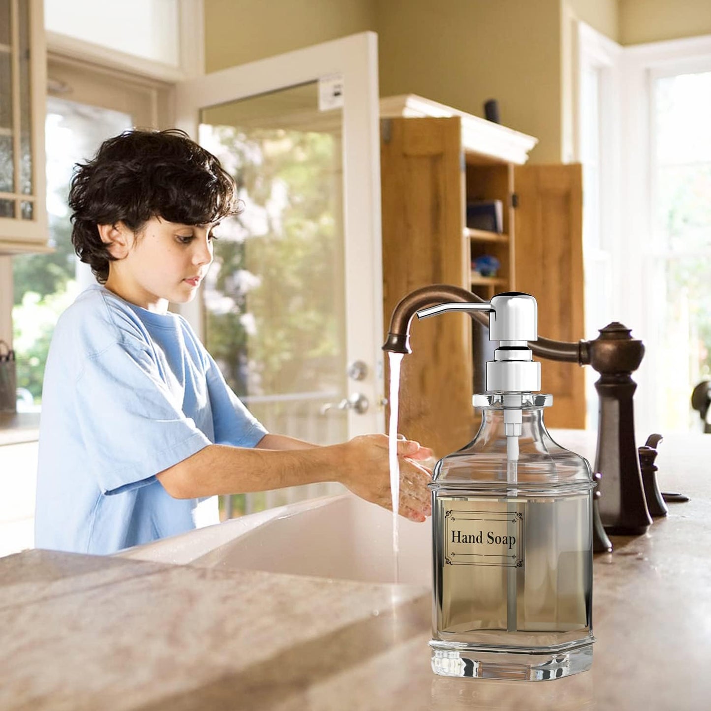 Soap Dispenser - 2 Pack, 18 Oz Antique Design Thick Glass Hand Soap Dispensers; with 304 Rust Proof Stainless Steel Pump, 6Pcs Clear Stickers, for Kitchen, Bathroom - Silver