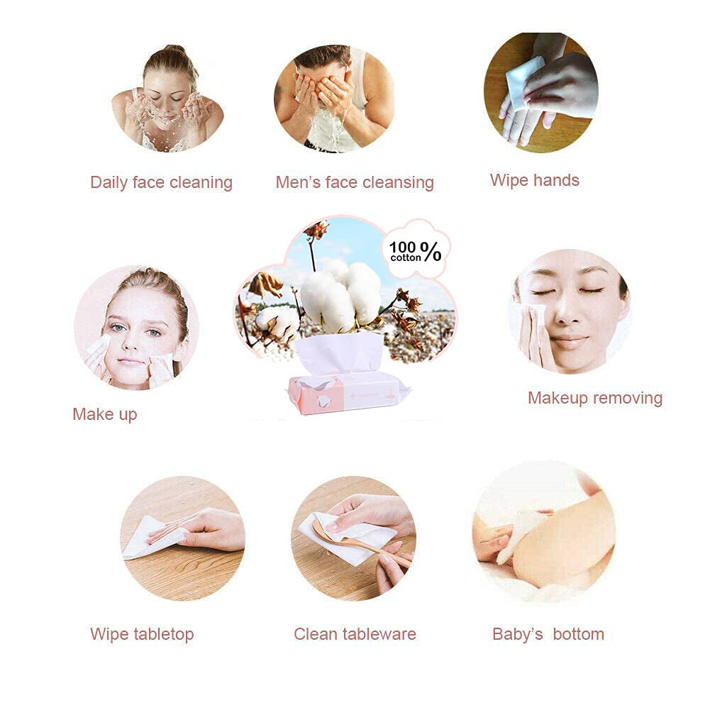 Extra Thick Dry Wipe, Disposable Face Drying Towel 100% Cotton, Lint-Free Cotton Tissues (2 Pack)