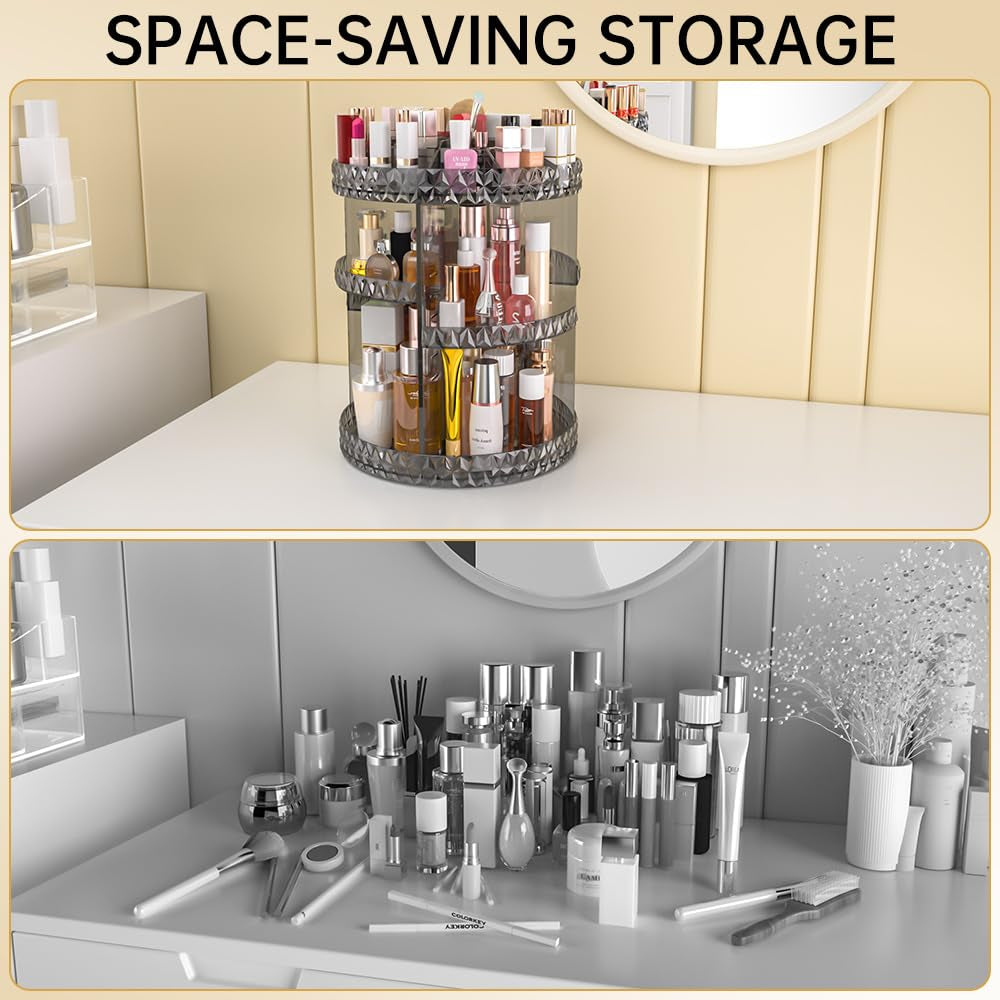 360 Rotating Makeup Organizer, DIY Adjustable Makeup Carousel Spinning Holder Storage Rack, Large Capacity Vanity Organizer Skincare Organizers, Organizador De Perfumes (Gray)